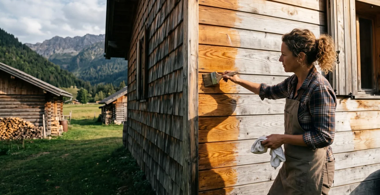 Une personne applique une huile naturelle au pinceau sur un bardage en bois de cabane, avec une zone déjà huilée plus foncée et une zone non traitée plus claire.