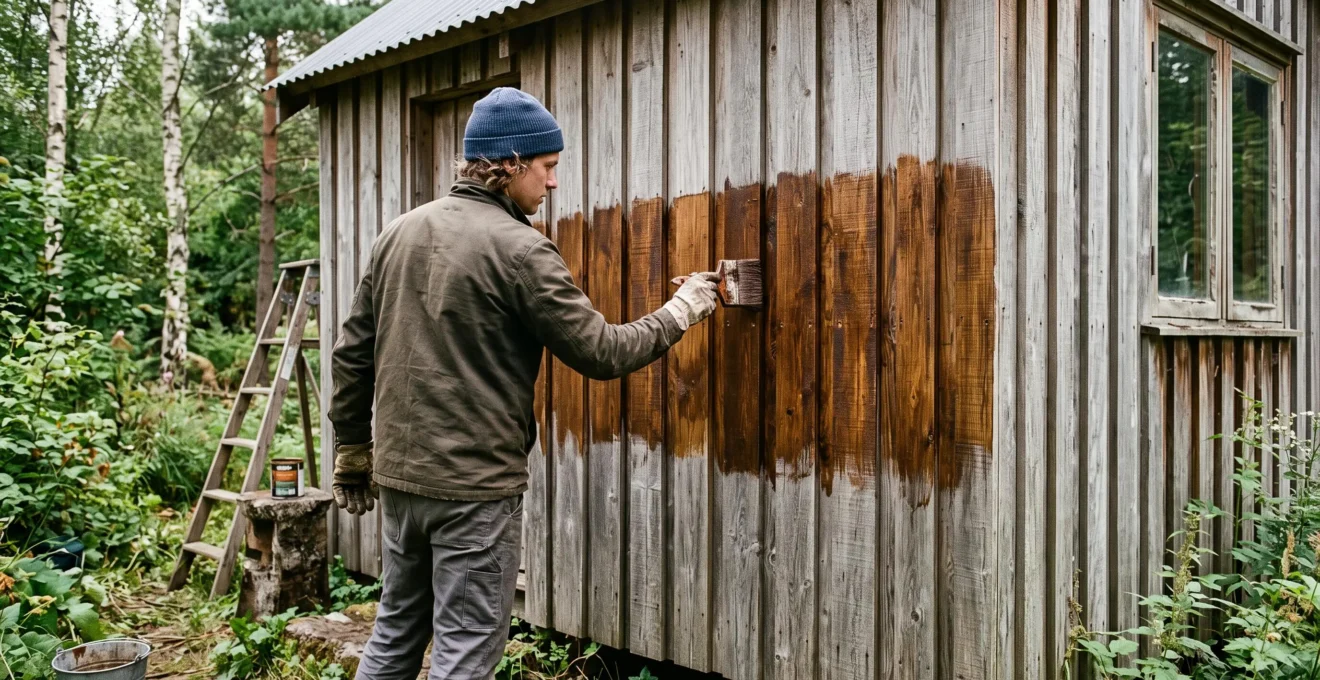 Une personne applique un saturateur au pinceau sur le bardage en bois d'une cabane, révélant le contraste entre le bois traité et le bois grisé.