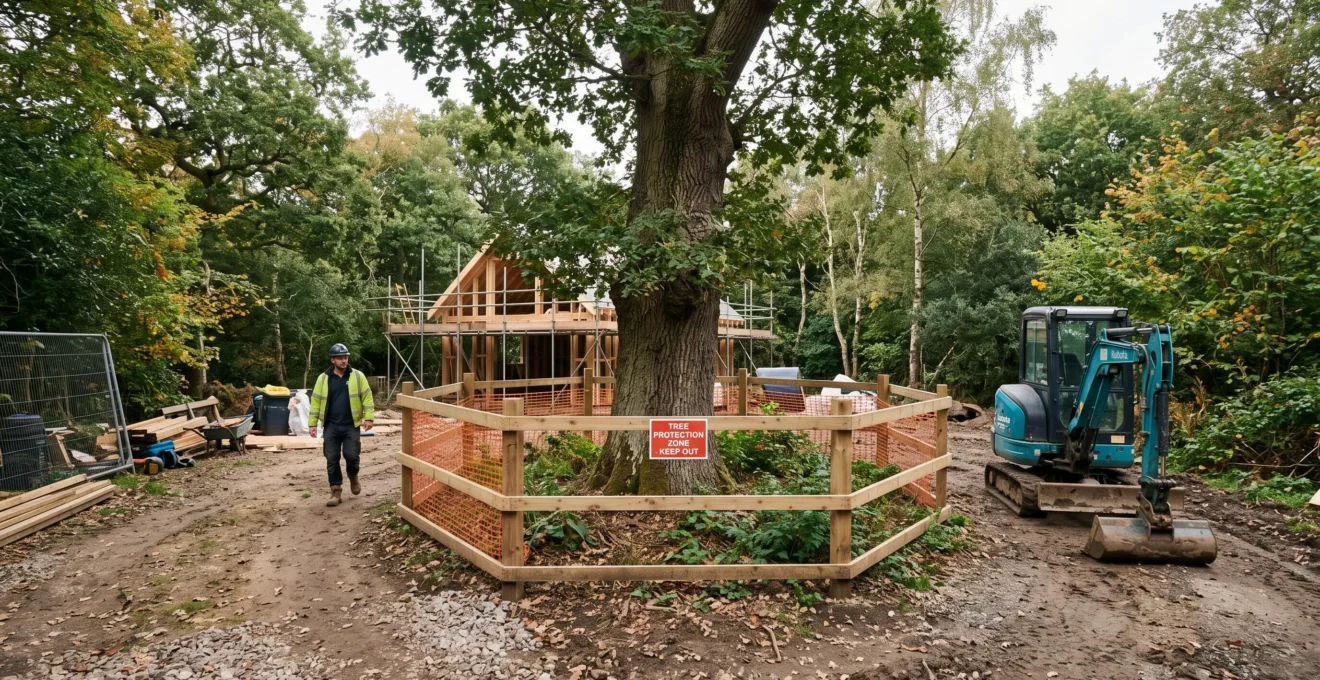 Un arbre mature protégé par une barrière physique au milieu d'un chantier d'aménagement, avec un engin de chantier stationné à distance respectueuse du tronc.