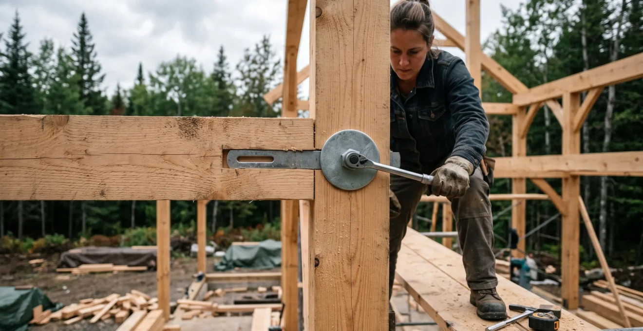 Un charpentier serre un boulon traversant avec rondelle large sur un assemblage de poutres en bois d'une cabane en construction en forêt.