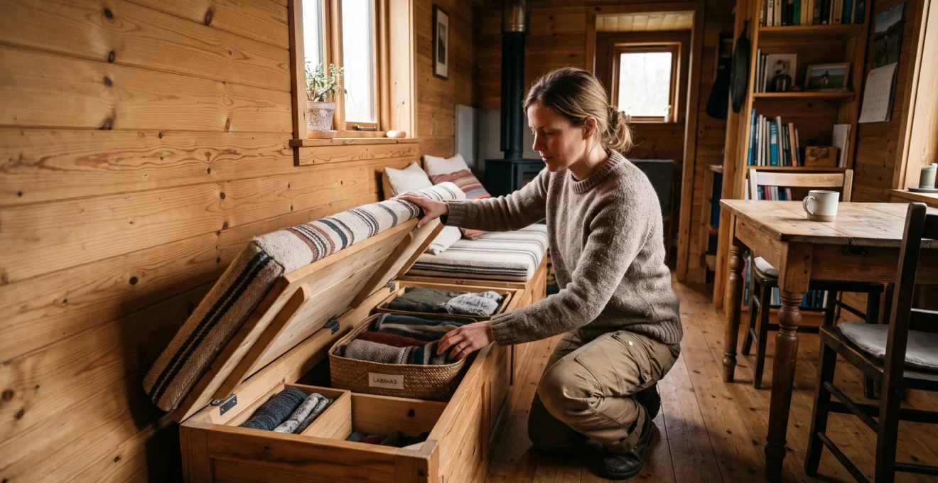 Une personne soulève le coussin d'une banquette en bois dans une petite cabane pour accéder au rangement compartimenté situé en dessous.