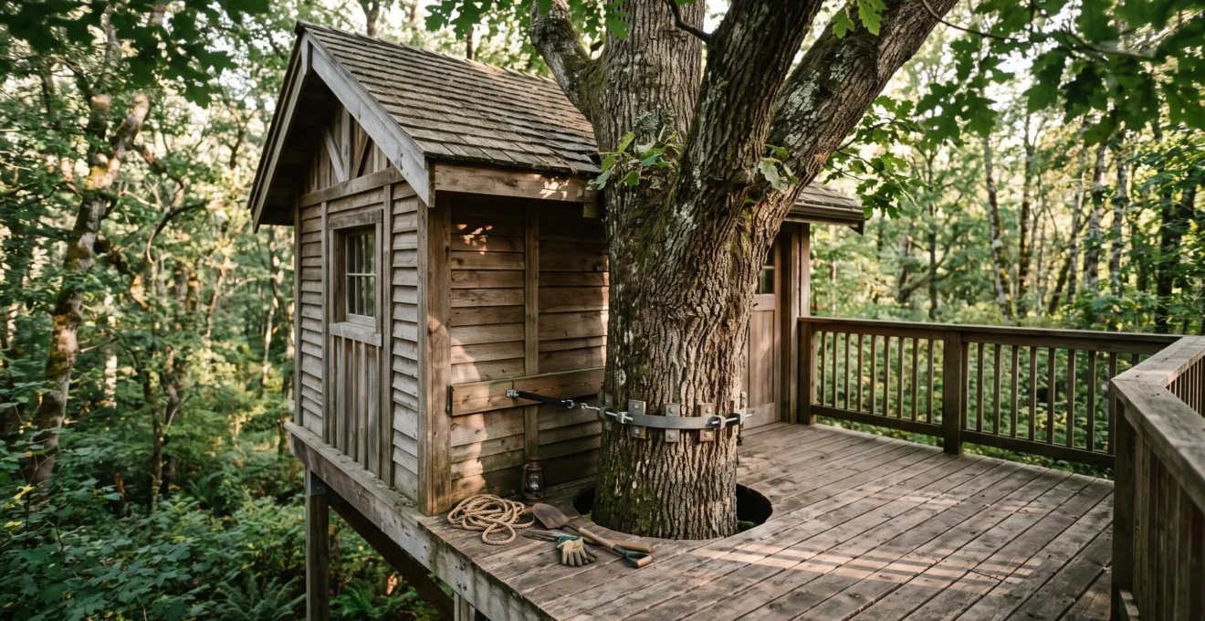 Cabane en bois construite autour du tronc d'un grand arbre, avec un espace périphérique visible entre l'écorce et les lattes de la terrasse.