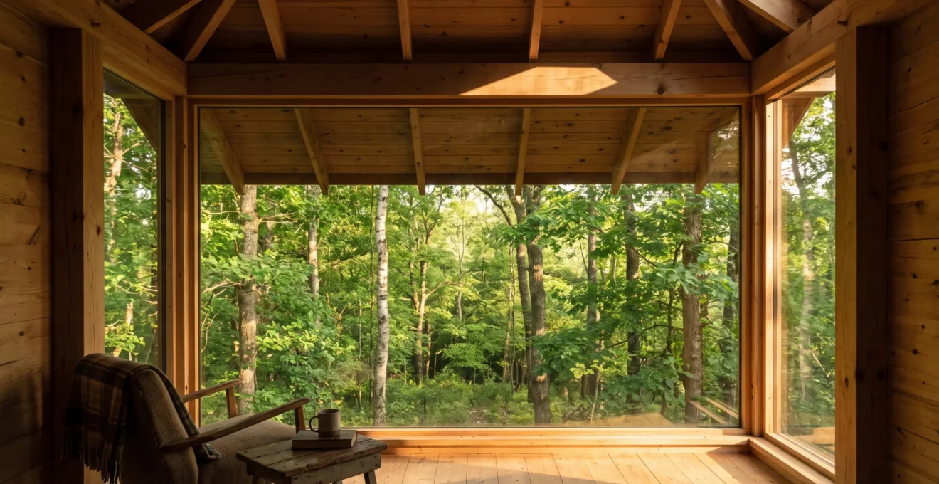 Intérieur d'une petite cabane en bois avec une grande baie vitrée donnant sur une forêt, un débord de toit projetant une ombre sur la partie haute du vitrage en fin de journée.