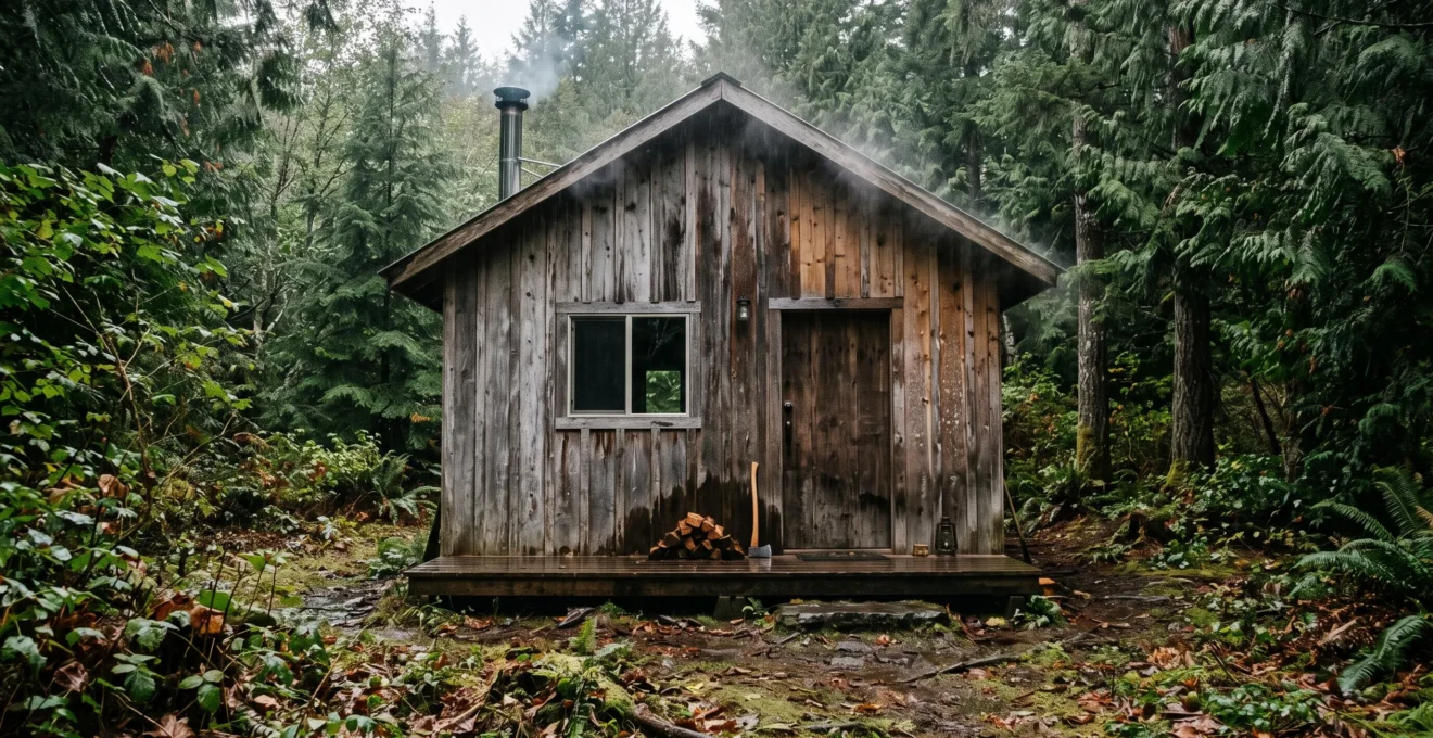 Une cabane en bois sur pilotis en forêt humide, avec des gouttes d'eau qui perle sur les lames traitées et des planches grises absorbant l'humidité après la pluie.