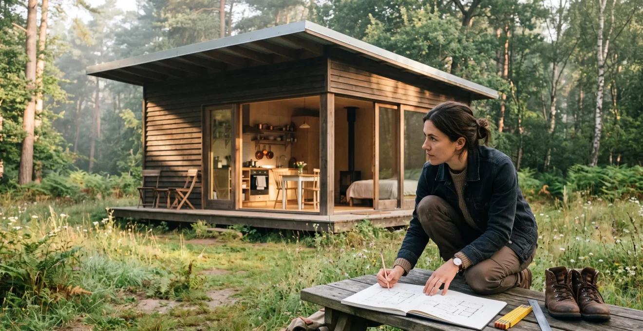 Une architecte compare des plans dessinés à la main devant une petite cabane en bois compacte installée dans une clairière.