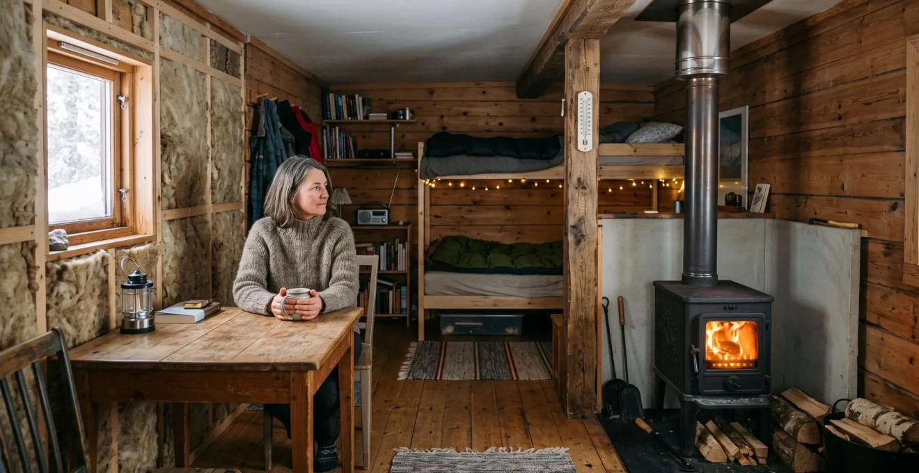 Intérieur d'une petite cabane en bois chauffée par un poêle, avec une personne assise près d'un thermomètre fixé sur une poutre.