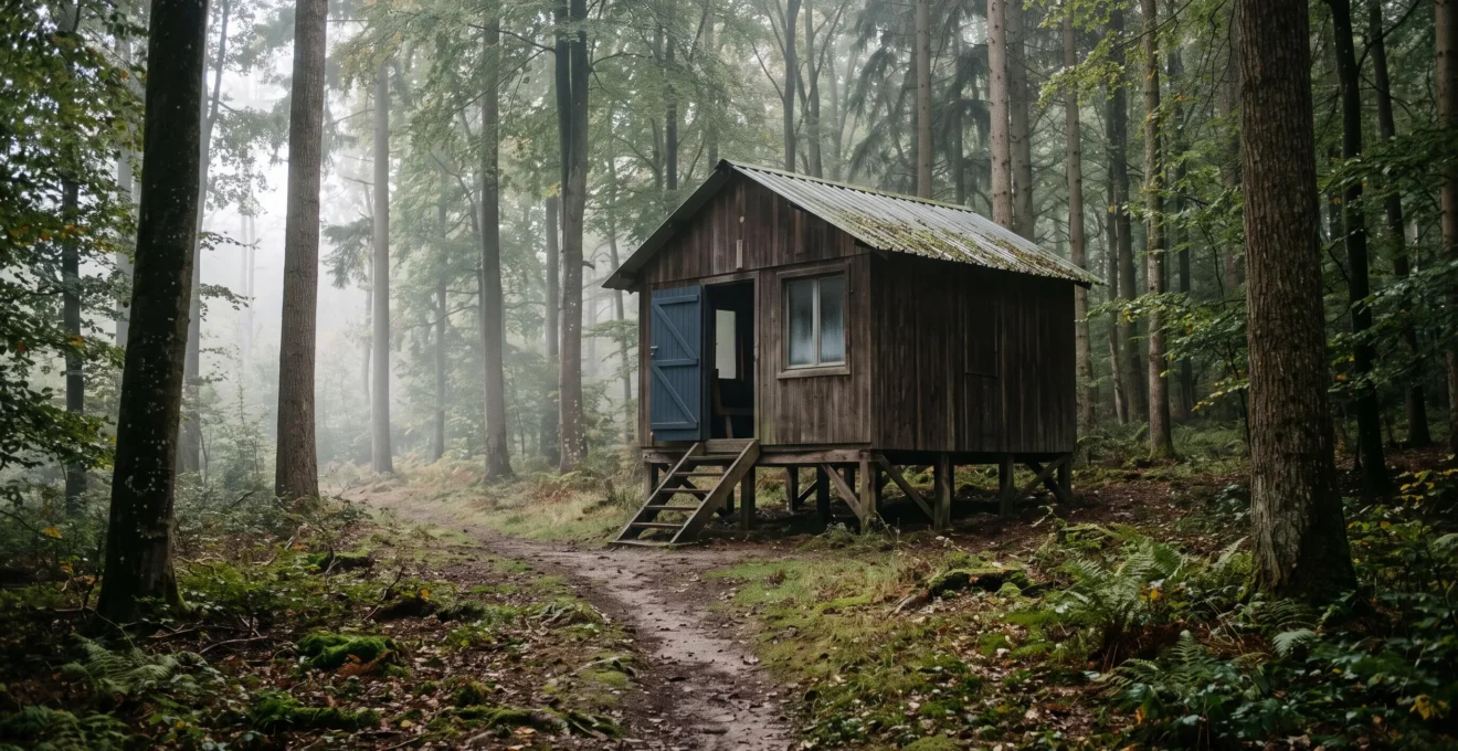 Une cabane en bois au bord d'une forêt dense, dans une lumière matinale humide et brumeuse.