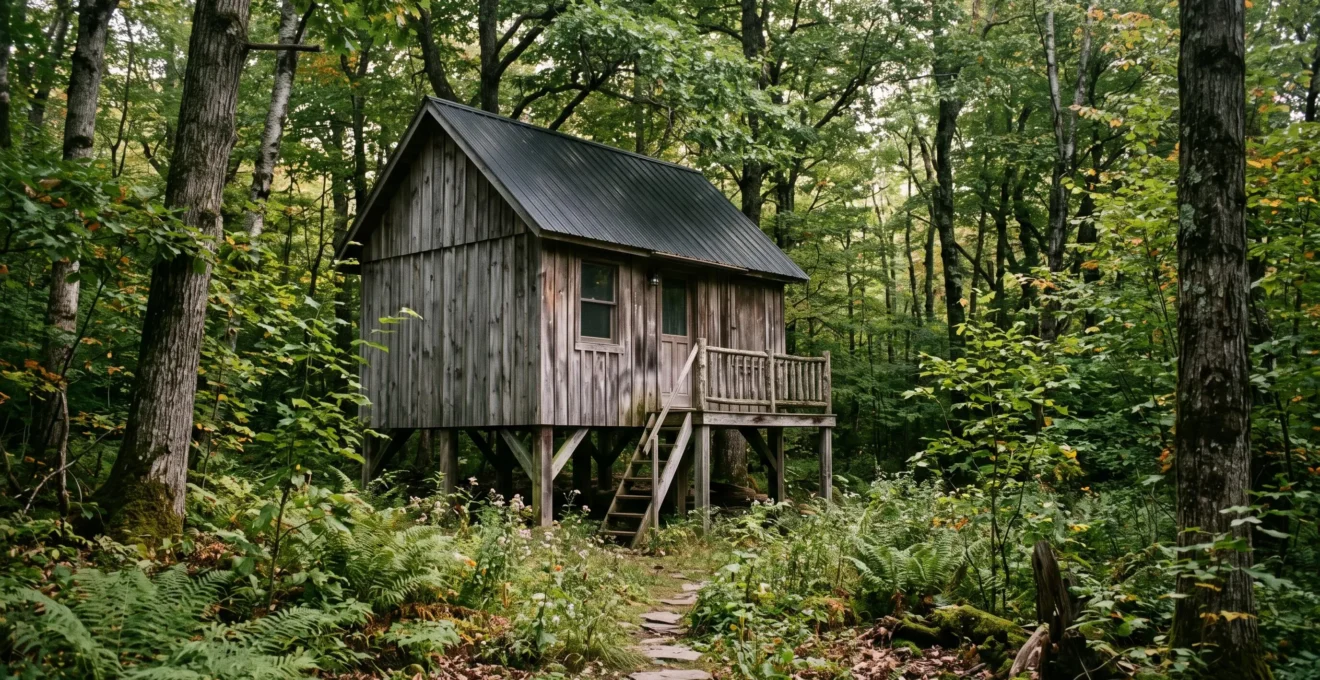 Une petite cabane en bois grisé se fond dans un sous-bois dense, presque invisible derrière les troncs et la végétation existante.
