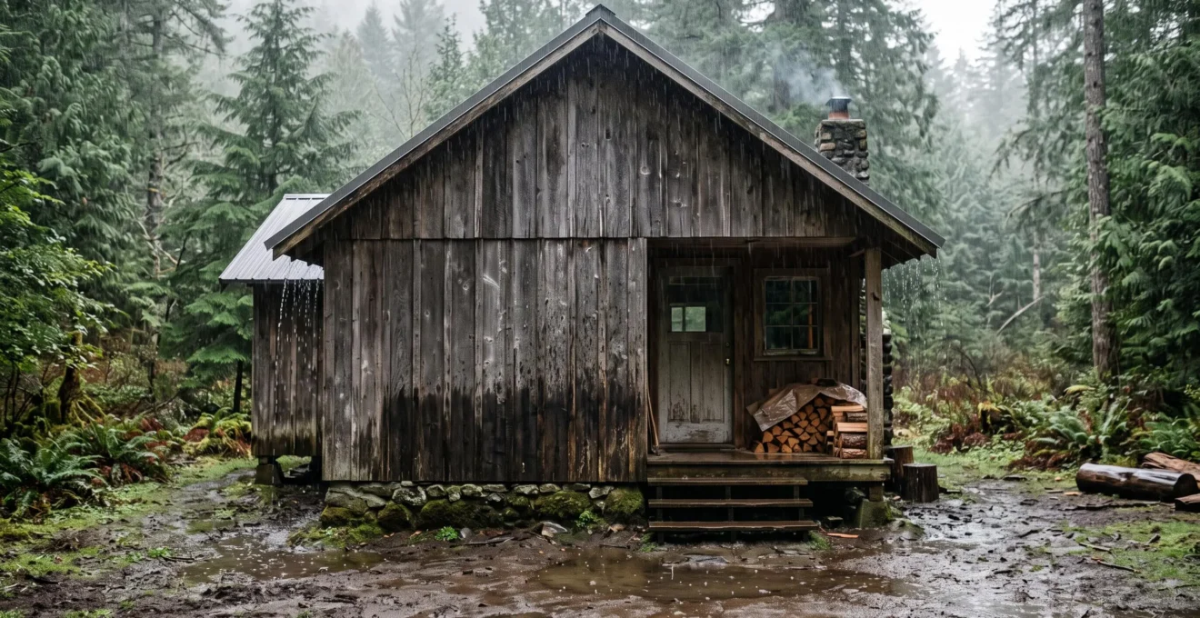 Cabane en bois sous la pluie en lisière de forêt, avec bardage mouillé et soubassement en pierre surélevé au-dessus du sol humide.