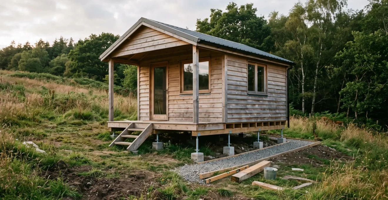 Petite cabane en bois posée sur des plots et vérins réglables, surélevée au-dessus d'un terrain naturel en pente légère.