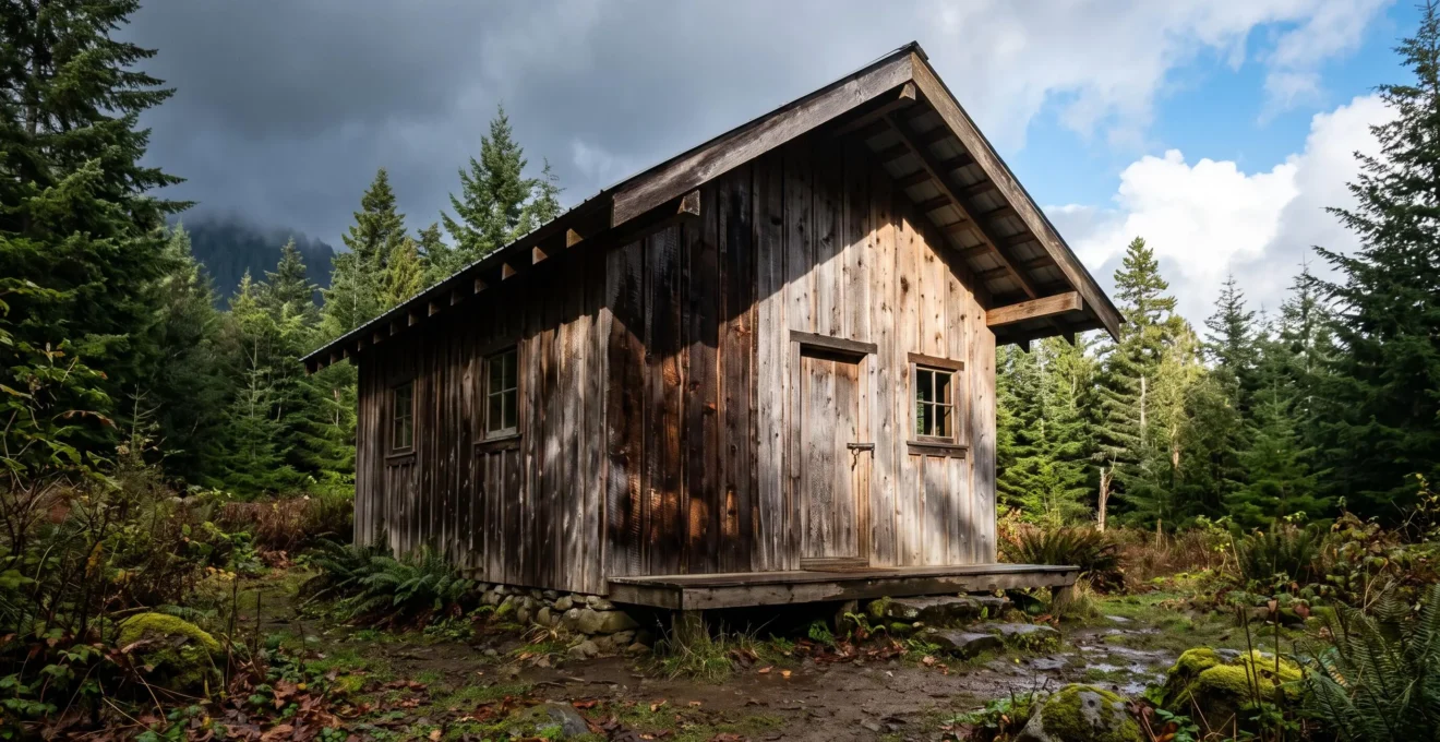 Une petite cabane en bois en lisière de forêt sous un ciel partagé entre nuages de pluie et soleil, avec une façade mouillée et l'autre en train de sécher.