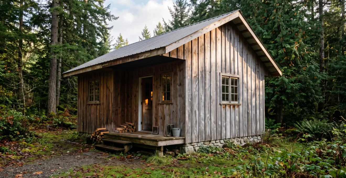 Façade en bardage bois grisé par le soleil sur une cabane en forêt, avec débord de toit protégeant la base des lames.