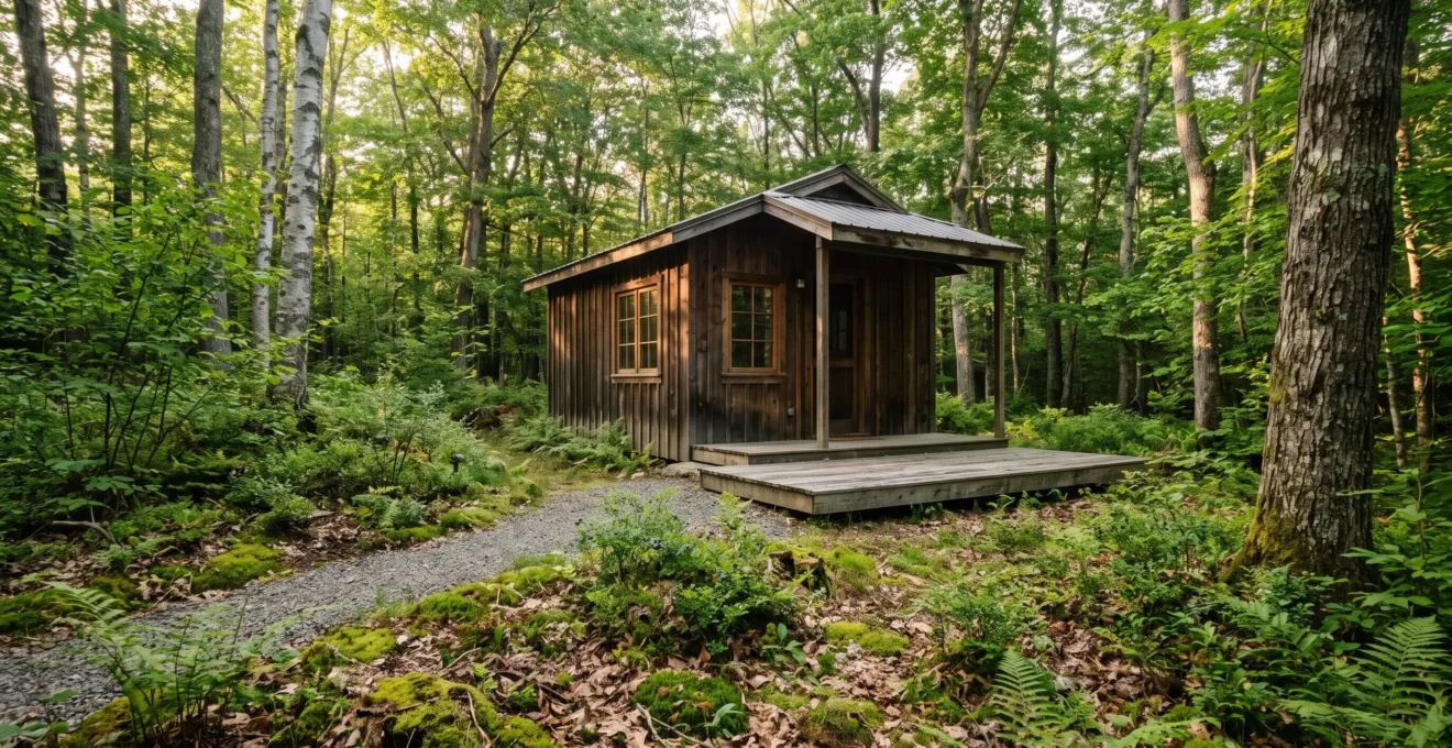 Une cabane en bois au milieu d'un terrain forestier où seuls un étroit chemin en gravier et une petite terrasse sont aménagés, le reste du sol étant laissé en pleine terre avec sa végétation.