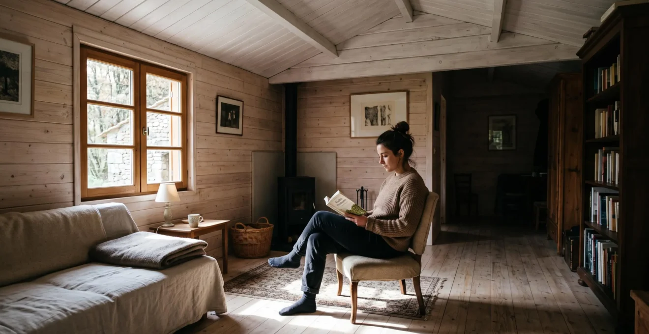 Intérieur d'une petite cabane en bois clair où la lumière du jour d'une fenêtre éclaire une zone du sol tandis que le fond de la pièce reste sombre.
