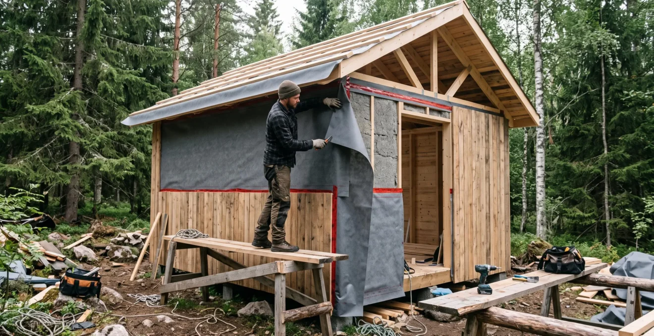 Un constructeur pose une membrane d'étanchéité à la jonction entre le mur et la toiture d'une cabane en bois en cours de construction.