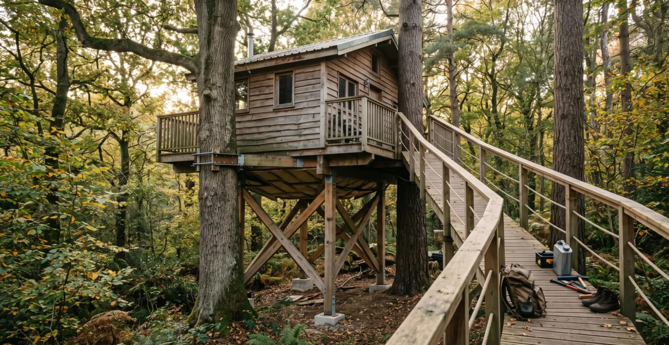 Une cabane en bois suspendue à plusieurs mètres du sol dans une forêt, reliée au sol par une passerelle équipée de garde-corps, avec sa structure portante visible sous la plateforme.