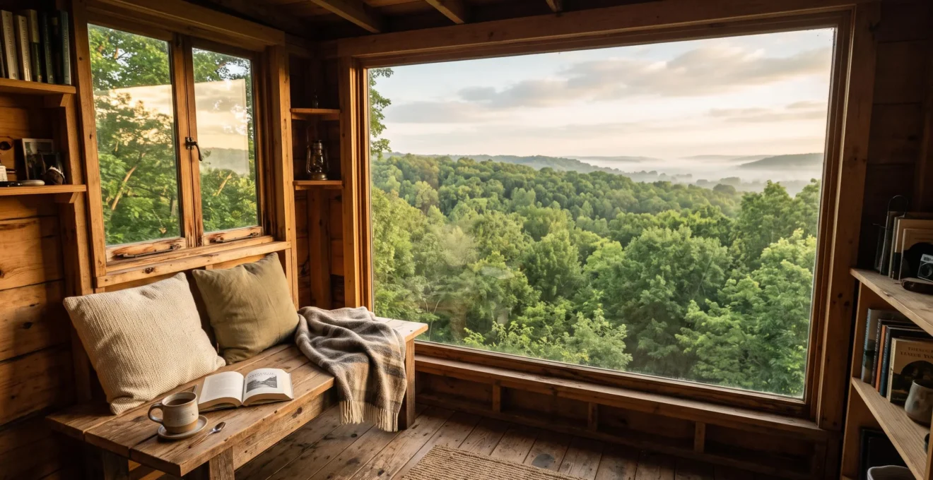 Intérieur d'une cabane perchée en bois avec une grande fenêtre cadrée ouverte sur un panorama de canopée forestière baigné de lumière matinale.
