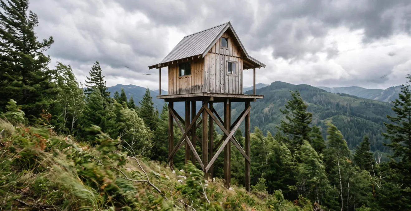Une petite cabane en bois surélevée sur pilotis, entourée d'arbres pliés par le vent sous un ciel d'orage en mouvement.