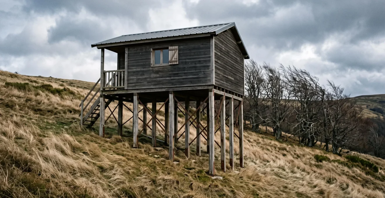 Cabane en bois surélevée sur pilotis dans un paysage venteux, avec le vide sous le plancher entièrement exposé.