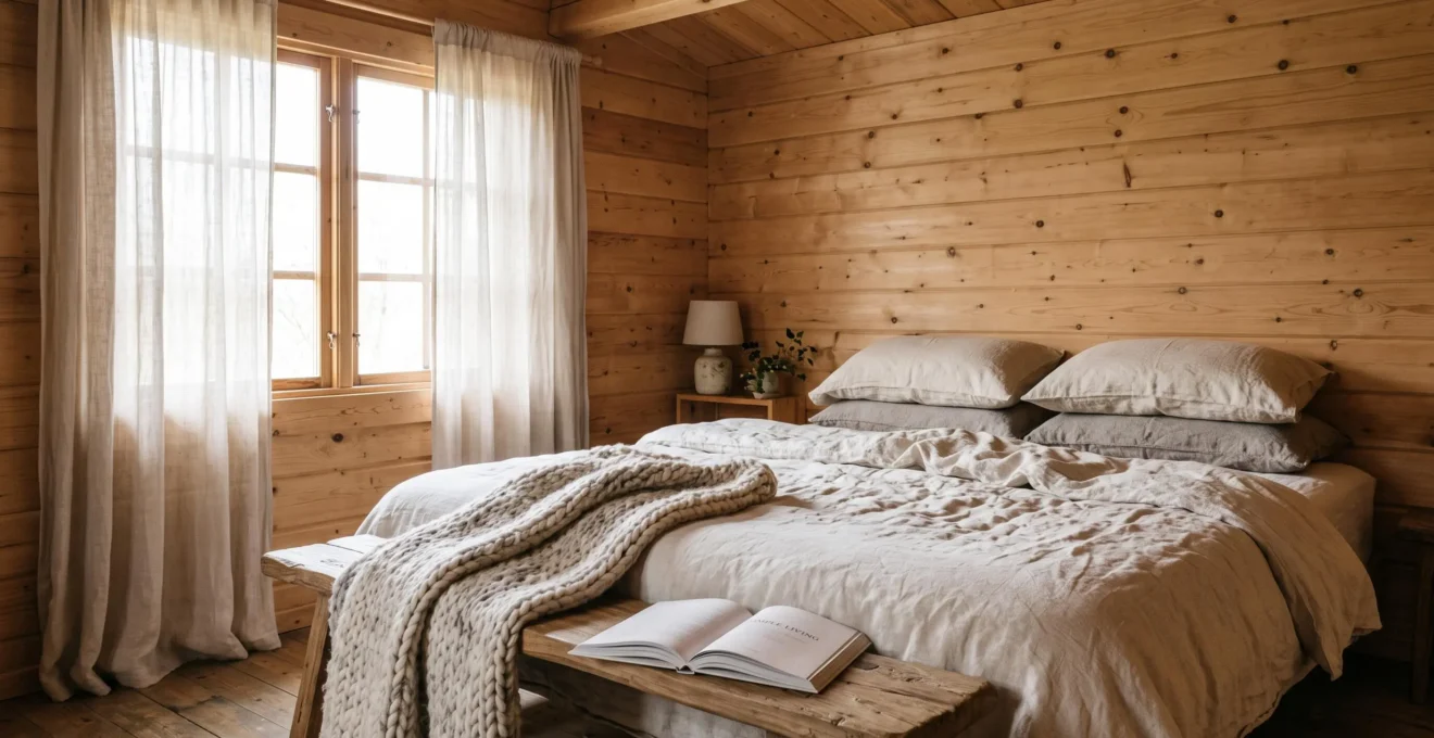 Intérieur d'une petite cabane en bois avec literie en lin écru, plaid en laine brute sur un banc et rideaux en lin laissant diffuser la lumière du matin.