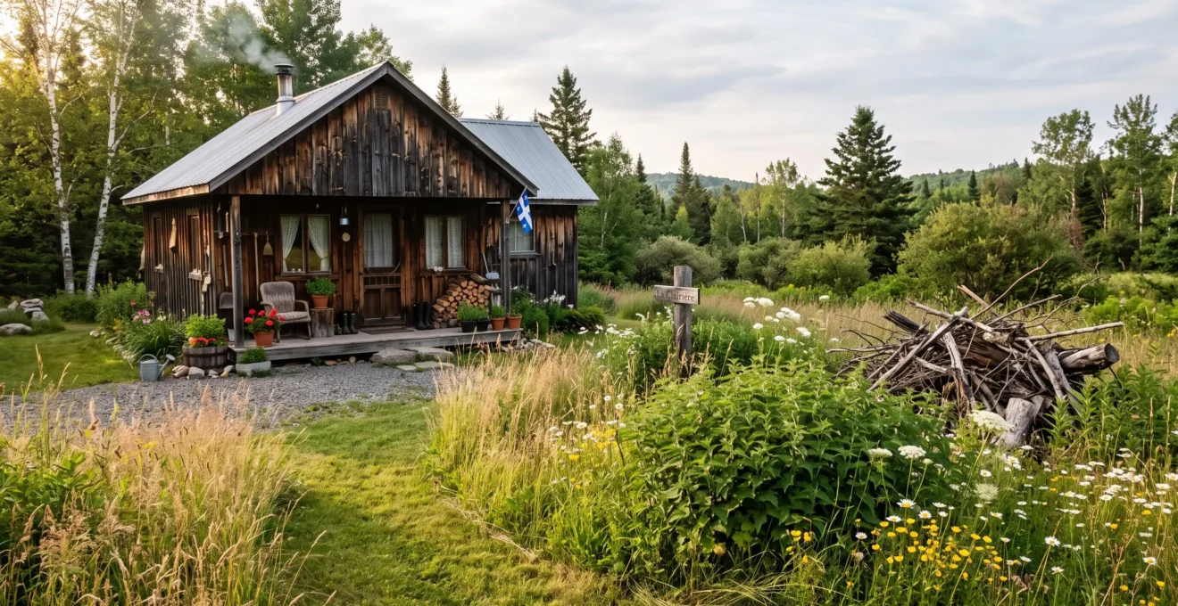 Une cabane en bois entourée d'une zone sauvage laissée en place, séparée de la terrasse par une bande tondue.