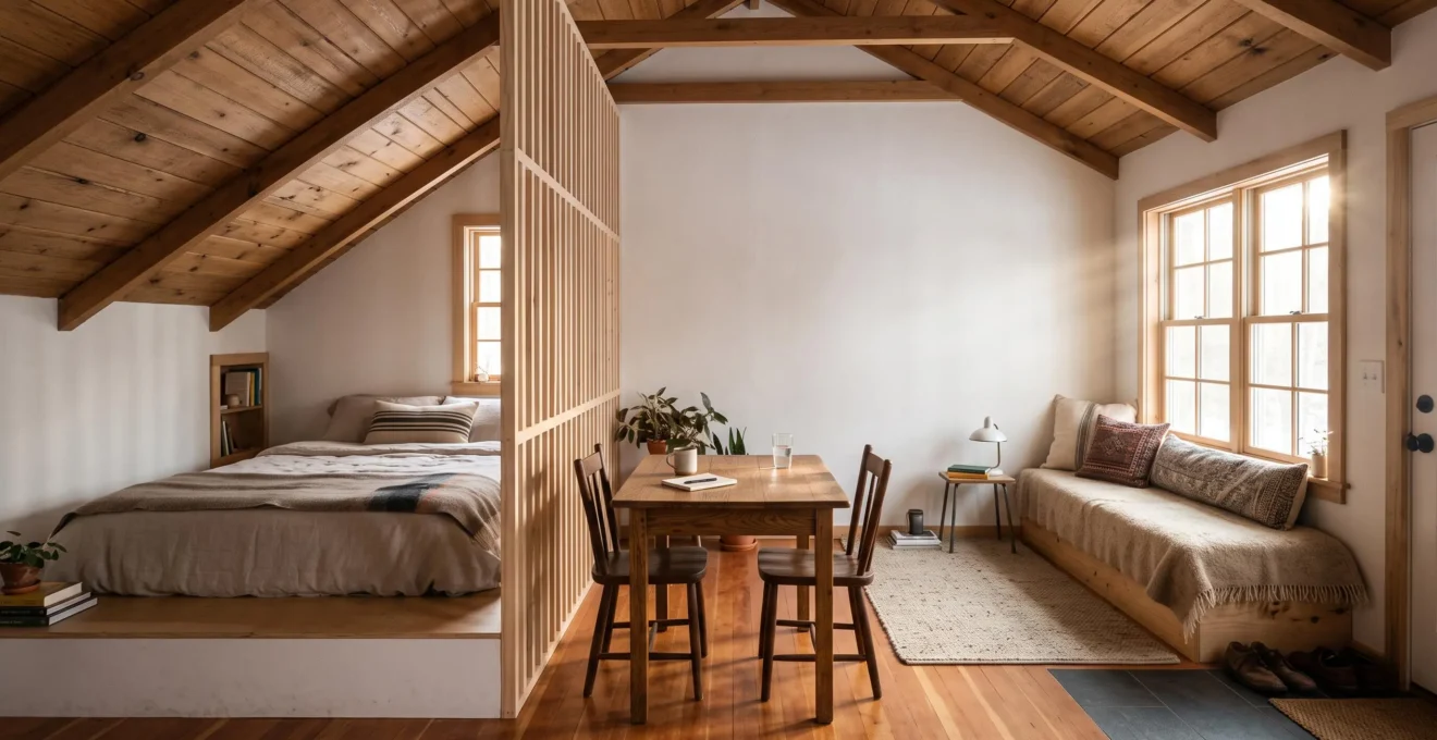 Intérieur d'une petite cabane en bois où coin nuit sur estrade, table et coin salon sont séparés sans cloison grâce à un claustra ajouré et à la lumière naturelle.