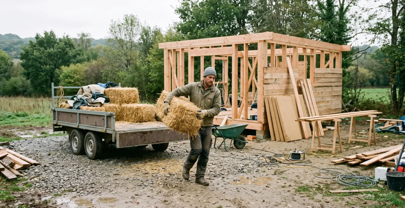 Un constructeur porte un ballot de paille vers une cabane en bois en cours de construction, avec des panneaux isolants et des planches empilées sur le chantier.
