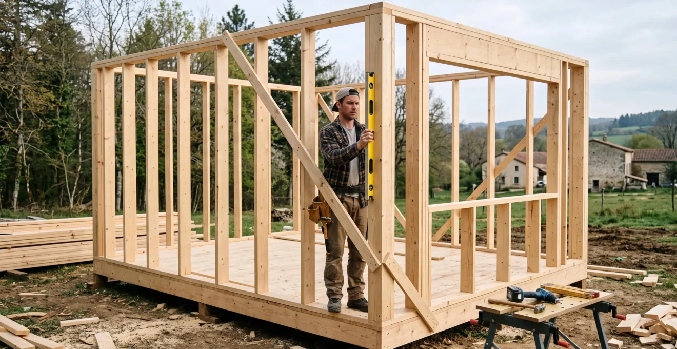 Un charpentier vérifie l'aplomb d'un montant d'ossature bois sur une petite cabane en construction, un étai diagonal maintenant le pan de mur.