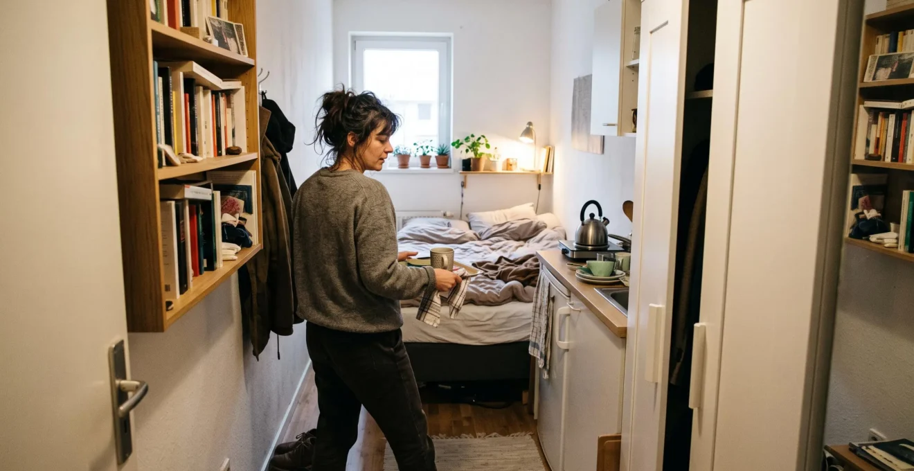 Une personne traverse de côté un petit studio meublé, serrée entre une étagère et une armoire dont la porte est ouverte.