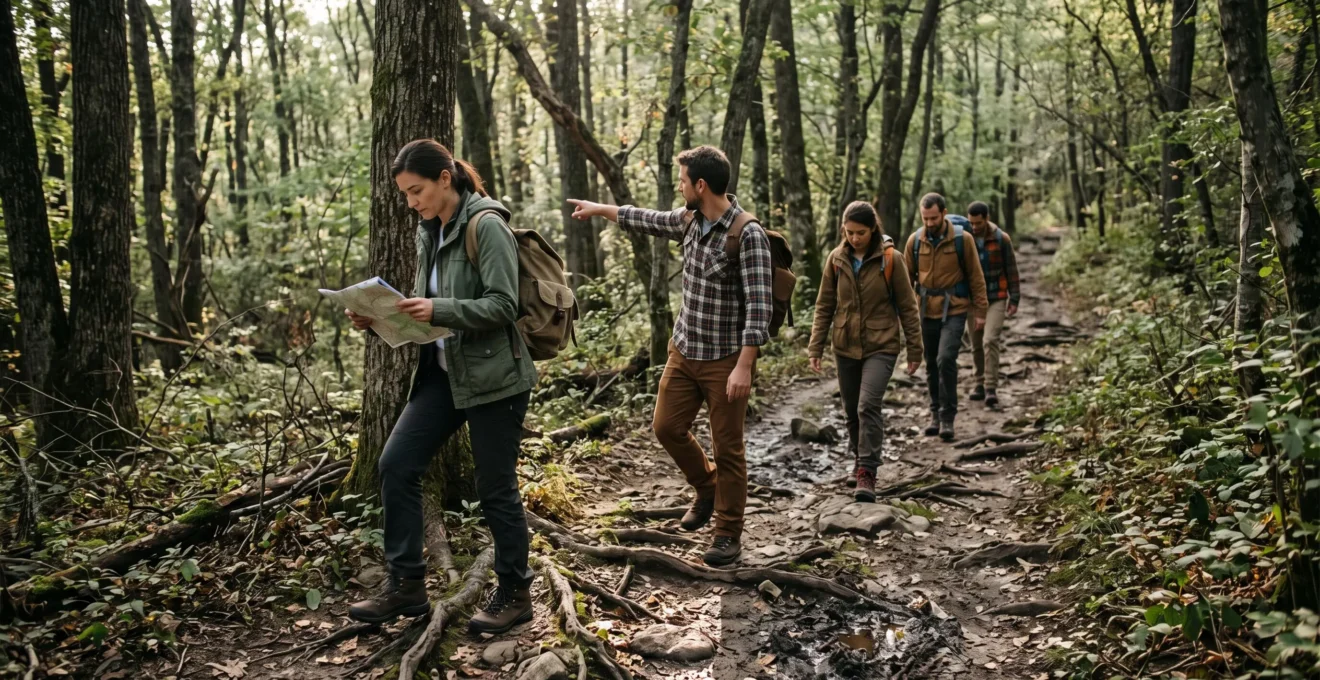 Un groupe de randonneurs progresse en file sur un sentier forestier jonché de racines et de pierres, en fin de journée.