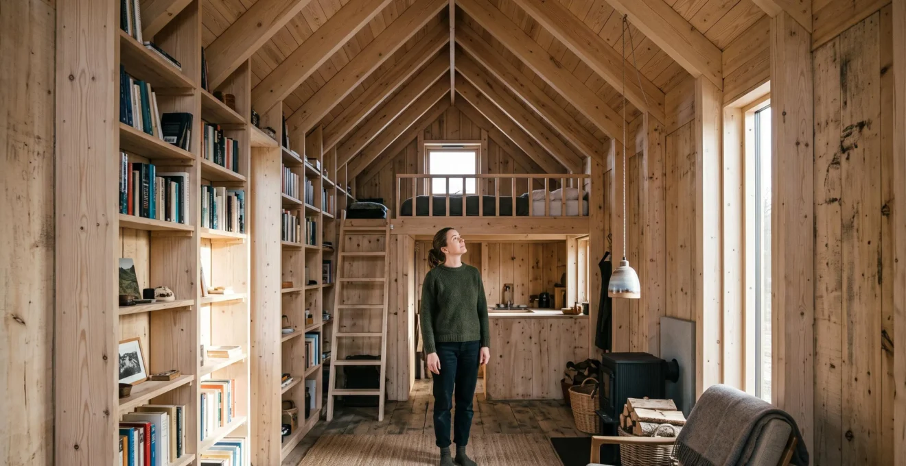 Intérieur d'une petite habitation en bois à très haute hauteur sous plafond, avec mezzanine partielle et personne au sol regardant vers le haut.