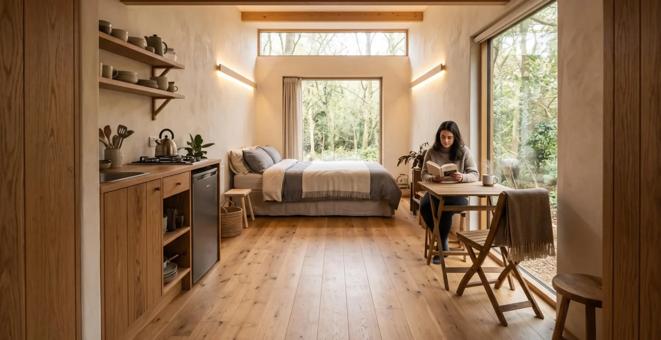 Intérieur d'un petit logement de 25 m² vu depuis la porte d'entrée, avec un lit, une table pliante et une cuisine compacte dans un espace dégagé baigné de lumière naturelle.