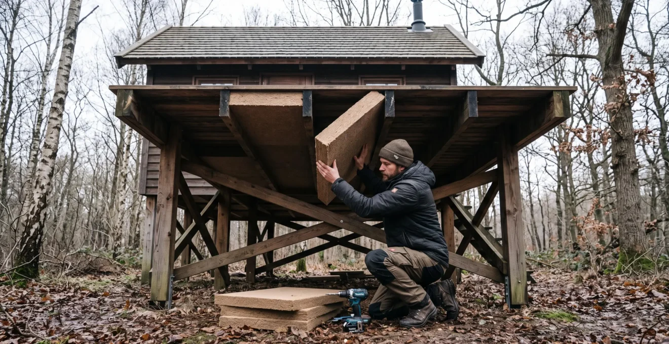 Un artisan pose des panneaux isolants entre les solives sous le plancher surélevé d'une cabane sur pilotis.