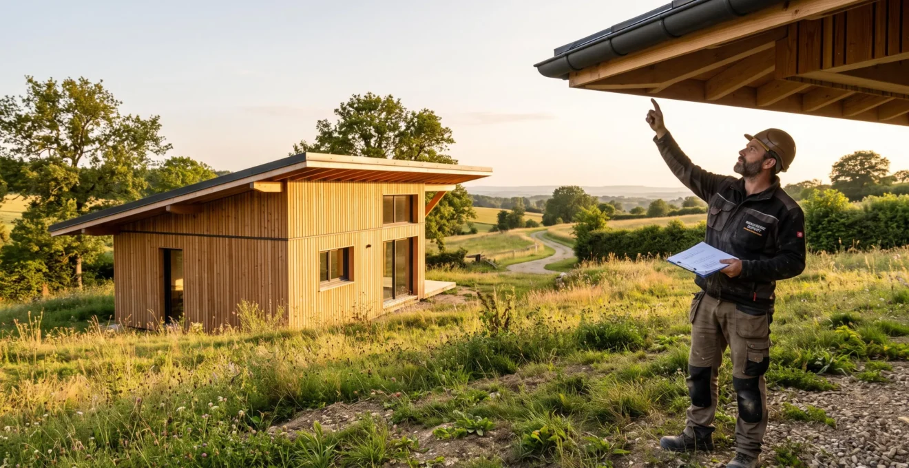 Un charpentier inspecte les débords de toit d'une maison en bois récemment construite dans un environnement naturel