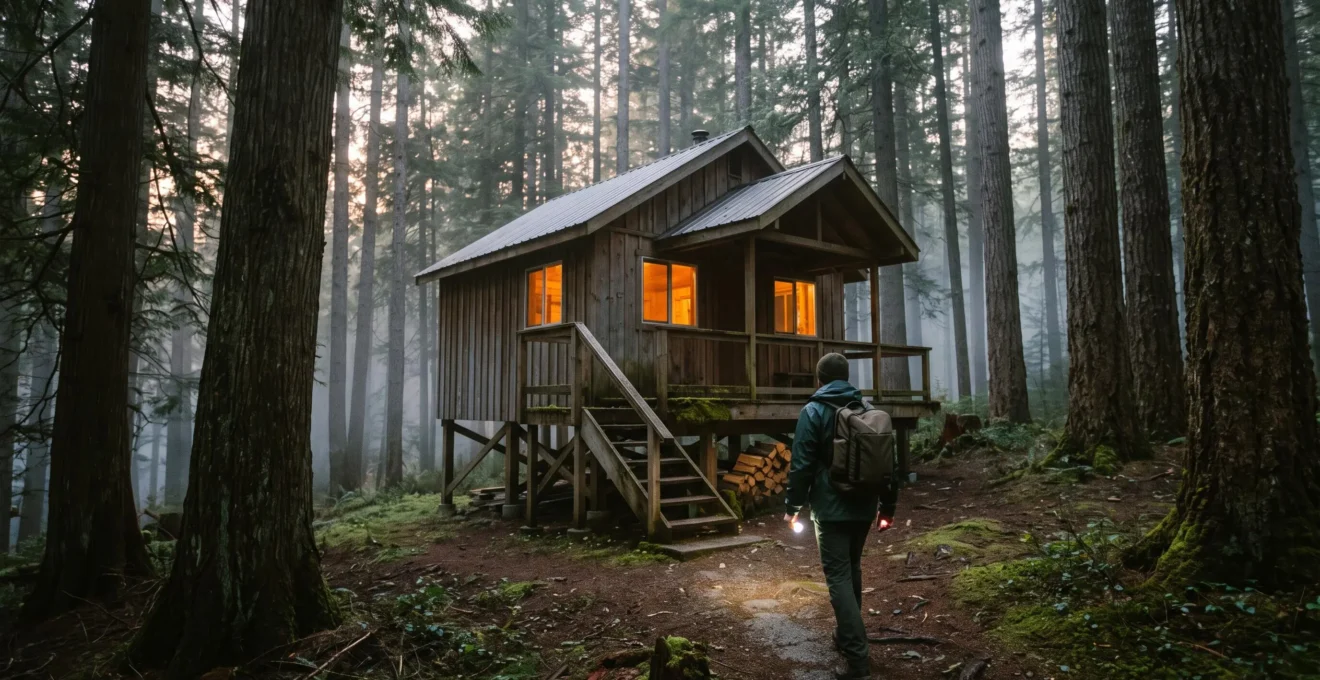 Une personne marche vers une cabane sur pilotis isolée en forêt à la tombée du jour, un sac à dos sur le dos et une lampe frontale allumée.