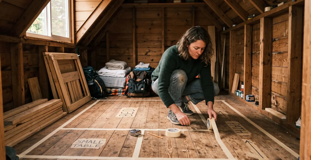 Une personne applique des bandes de scotch au sol d'une petite cabane en bois pour délimiter les empreintes de meubles et les zones de passage.