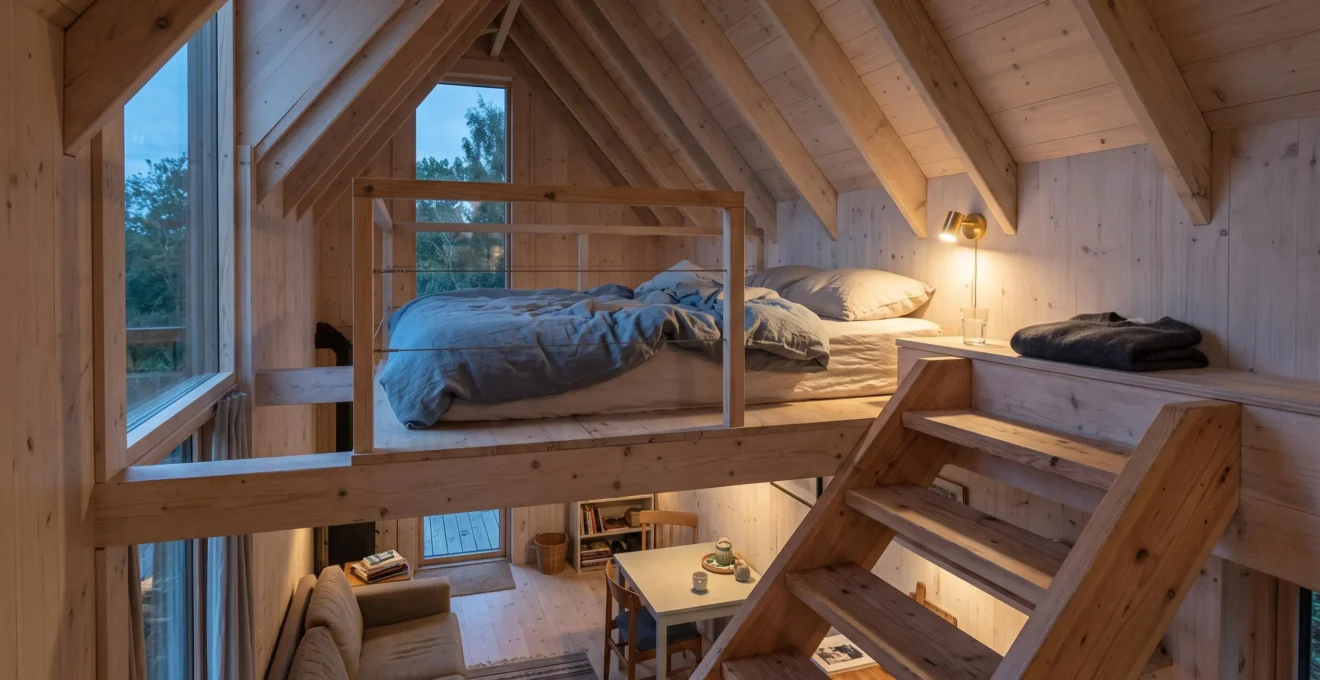 Mezzanine de couchage aménagée sous une pente de toit dans une petite maison en bois, avec escalier compact et niveau de vie conservé en dessous.