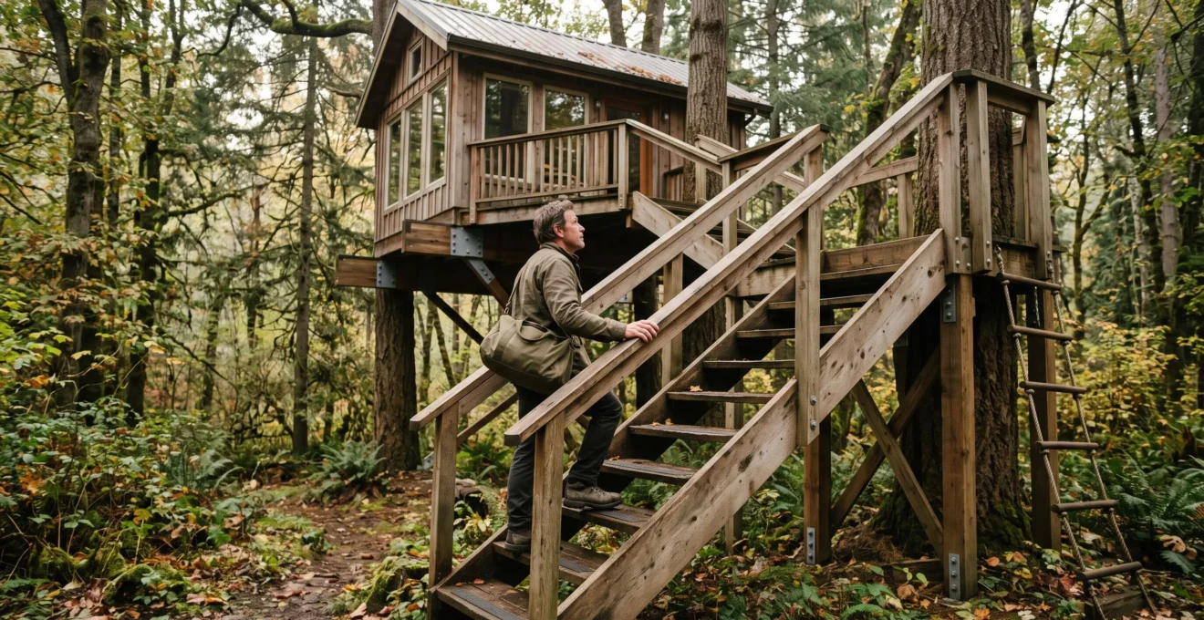 Une personne grimpe un escalier en bois équipé d'une main courante pour rejoindre une cabane perchée dans les arbres.