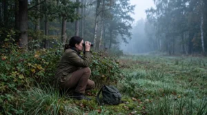 Un observateur accroupi derrière un buisson en lisière de clairière lève des jumelles à l'aube dans une forêt brumeuse.