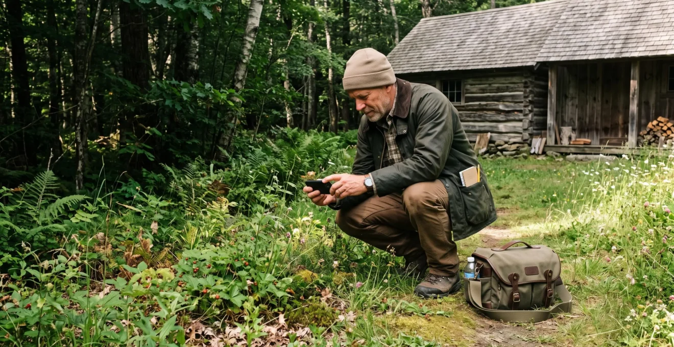 Une personne observe et photographie la végétation basse d'une lisière forestière près d'une cabane en bois.