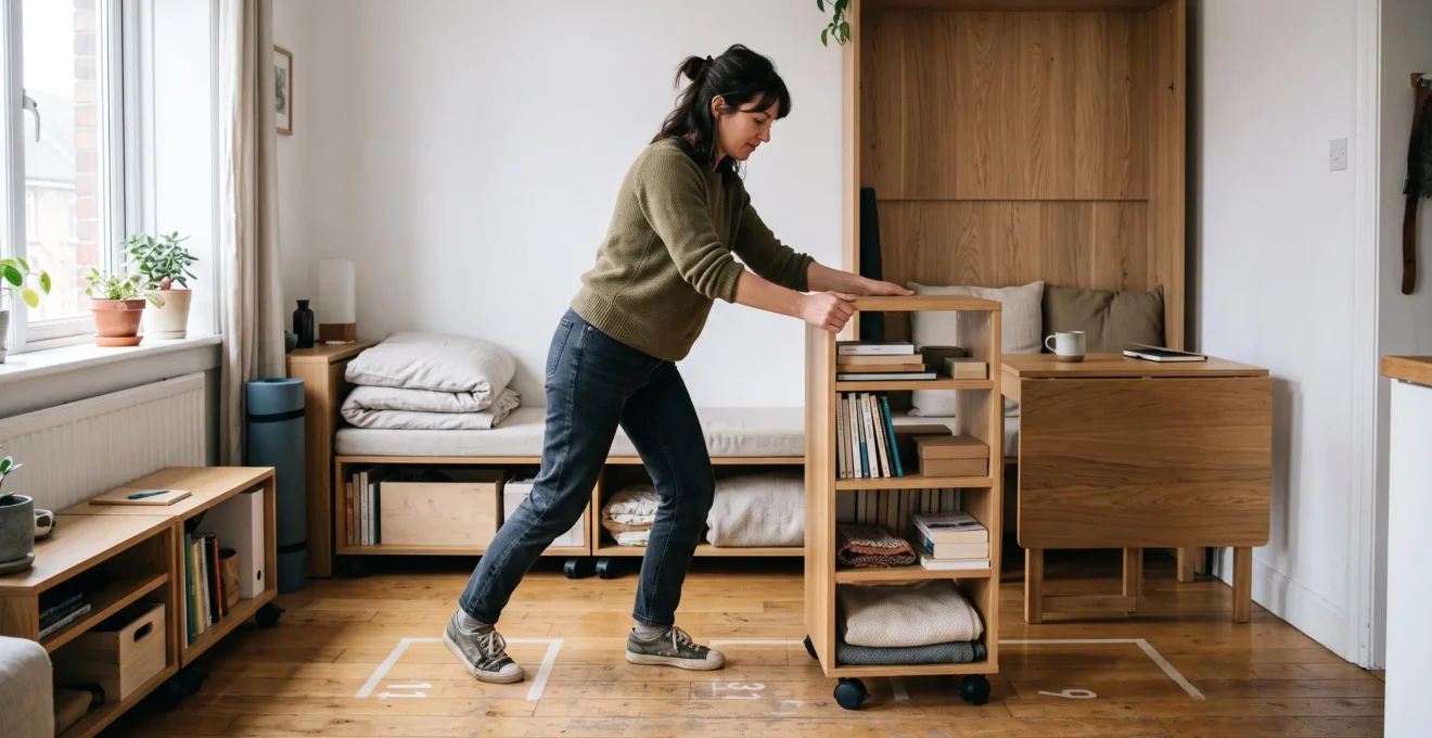 Une personne pousse un meuble léger sur roulettes dans un petit studio aménagé pour changer la configuration de la pièce.