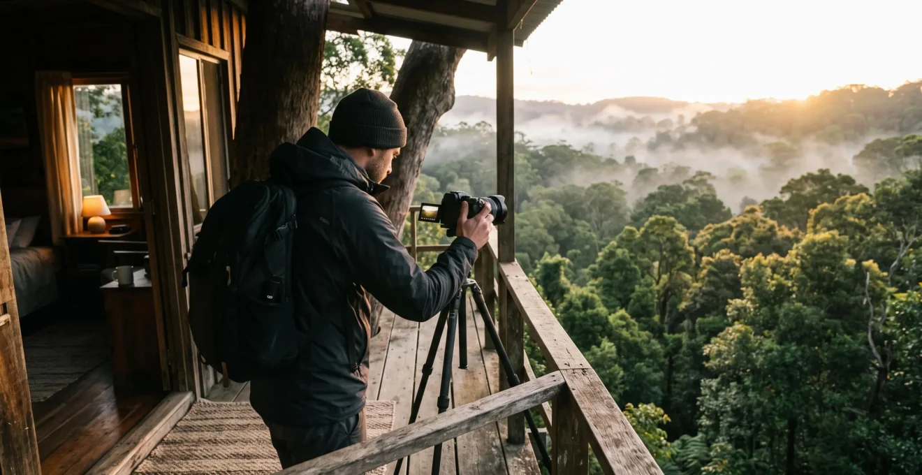 Un photographe réglant son appareil sur le trépied depuis la terrasse d'une cabane perchée, face à une canopée éclairée par le soleil levant dans la brume matinale.