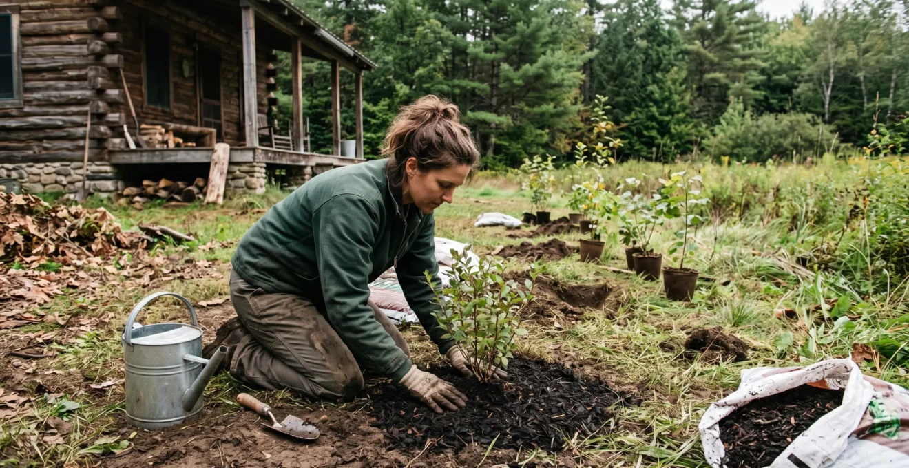 Une personne paillant le pied d'un jeune arbuste local planté devant une cabane en bois en milieu naturel, avec des plants en godets alignés sur l'herbe.