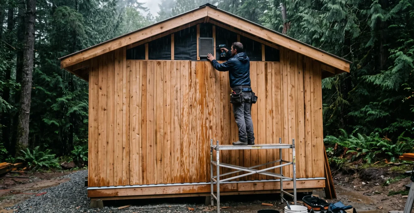 Un poseur installe une grille de ventilation en tête de façade d'une cabane en bois bardée, sous une pluie récente.