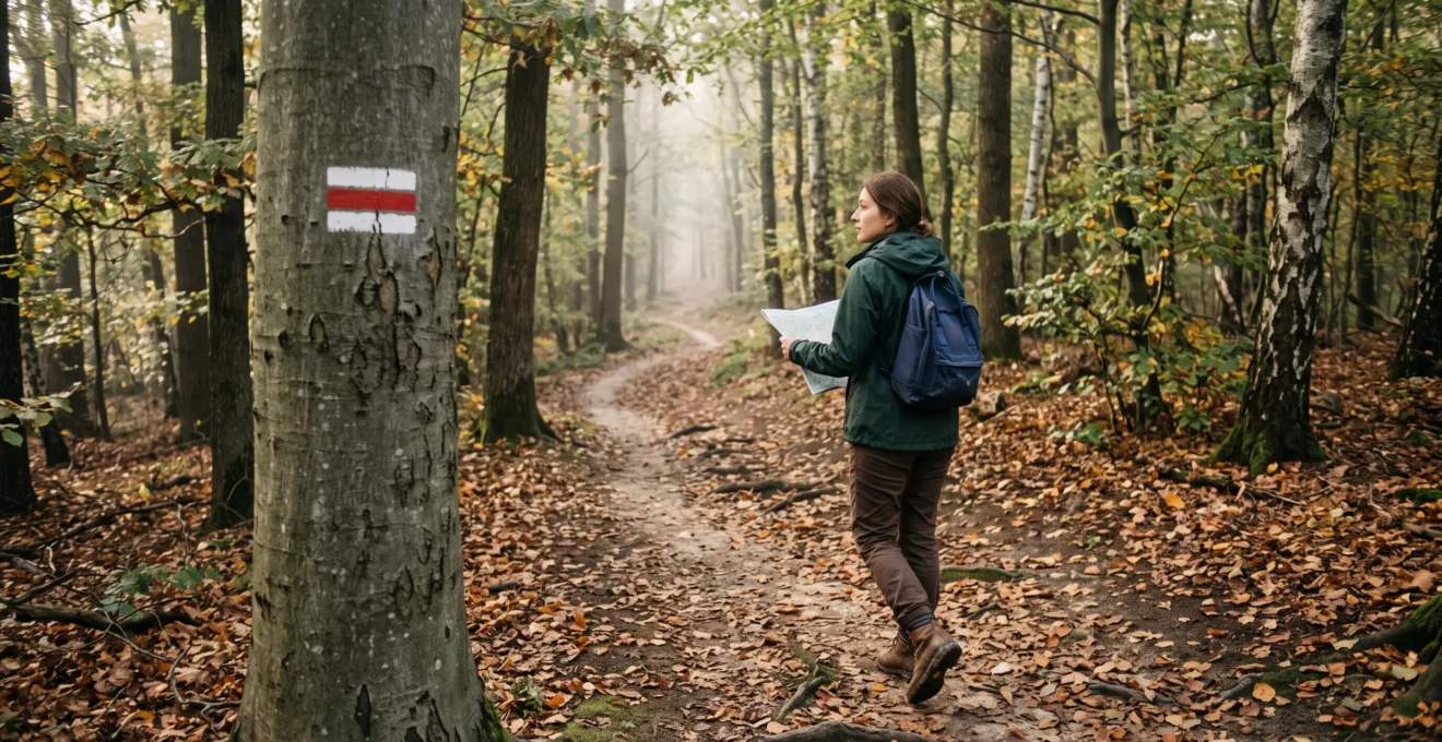Un randonneur marche sur un sentier forestier en passant devant un arbre portant une marque de balisage blanche et rouge.