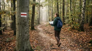 Un randonneur marche sur un sentier forestier en passant devant un arbre portant une marque de balisage blanche et rouge.
