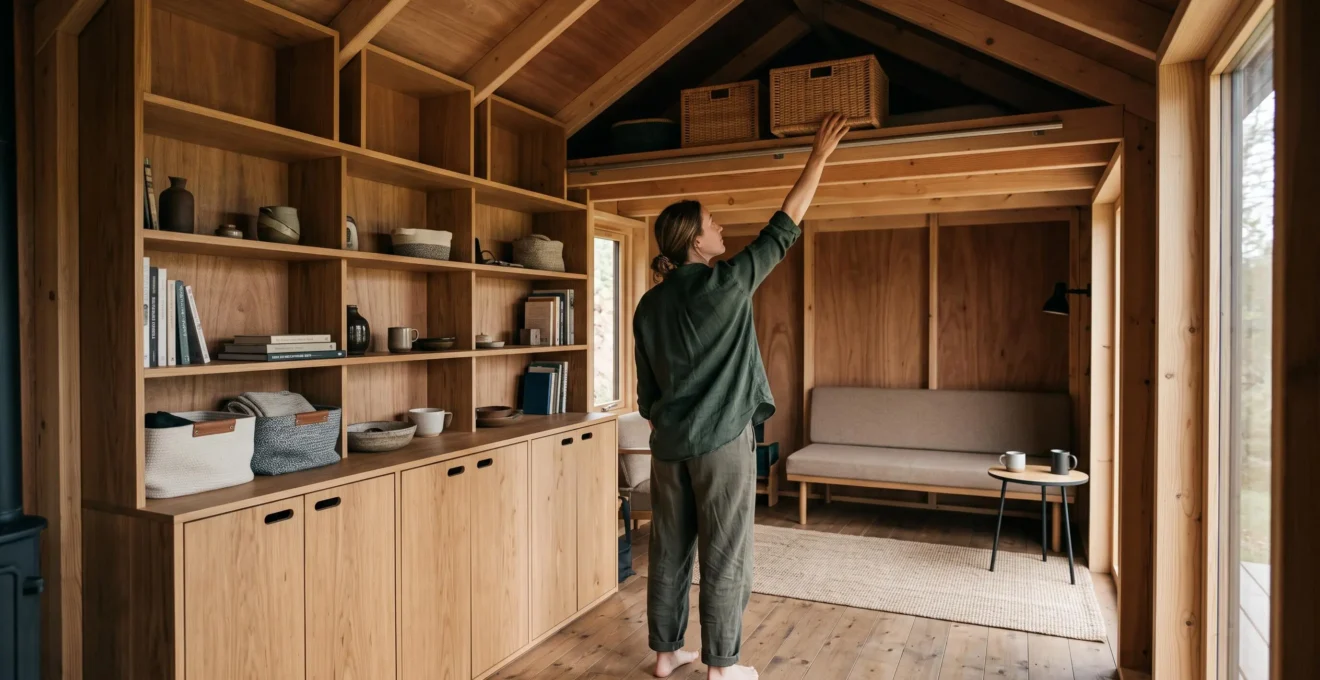 Intérieur d'une micro-maison en bois avec un rangement toute hauteur sur un mur et le sol central dégagé