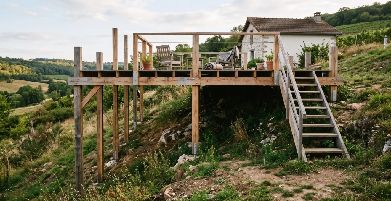 Terrasse en bois surélevée sur pilotis installée au-dessus d'un terrain en pente naturel non terrassé.